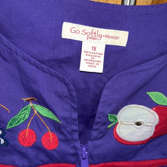 Go Softly Patio Dress Purple Embroidered Pockets 1X Fruit Muumuu Full Zip - Picture 2 of 11